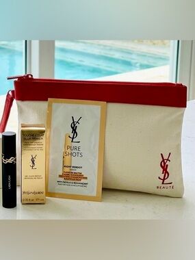 YSL Beauty Bundle- Primer,  Mascara, Serum, Cosmetic Pouch Bundle